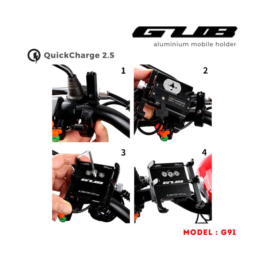 GUB G91 Aluminium Handlebar Mobile Holder with Quick Charger 2.5A - Image 6