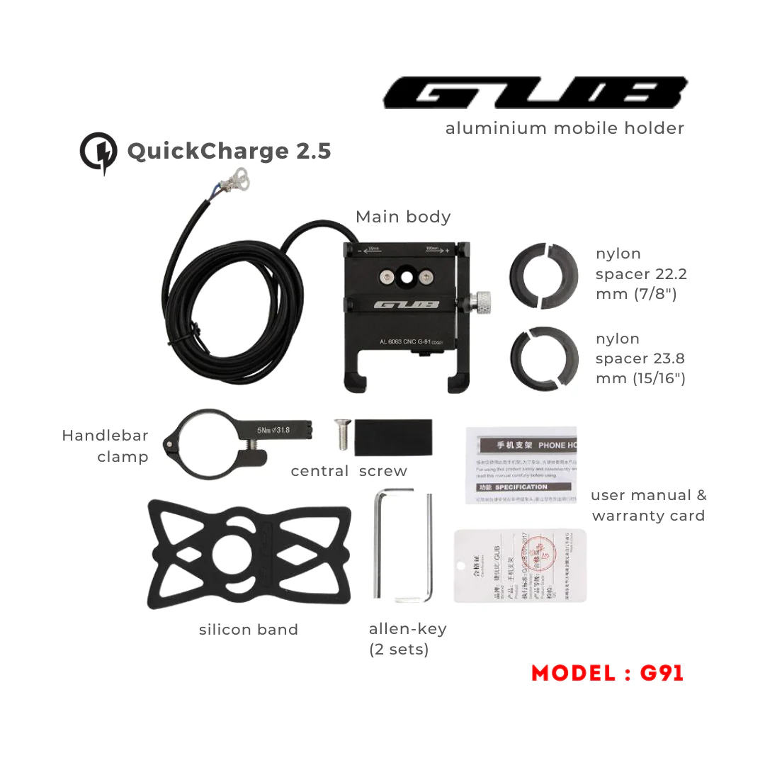 GUB G91 Aluminium Handlebar Mobile Holder with Quick Charger 2.5A - Image 7